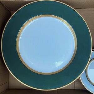Fitz and Floyd Forest Green with Gold trim dinner plates.